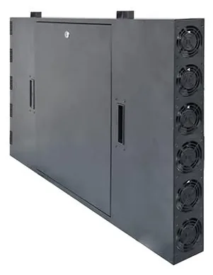 Rear of the open-frame module showing the aluminium backplate, service door and a vertical bank of cooling fans