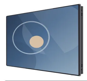 Open-frame touch monitor seen at an angle, showing the slim metal bezel and panel depth