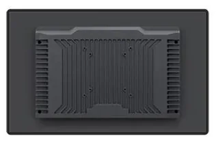 Rear of an open-frame touch monitor showing the metal chassis, heat-sink fins and mounting points