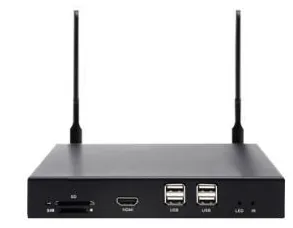 Black digital signage media player with two wireless antennas, card slot, video output and USB ports on the front