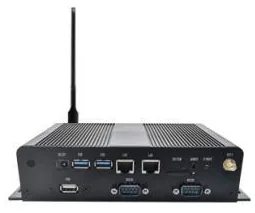 Black fanless digital signage media player with a finned aluminium case, antenna and front serial, network and USB ports
