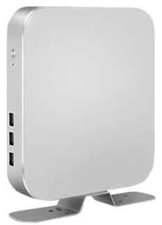Compact silver digital signage media player standing upright on a small stand, with front USB ports and power button