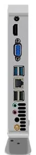 Side view of the compact silver media player showing its video, network, USB and audio connectors