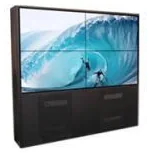 Two-by-two video wall built into a black floor cabinet, shown as a cabinet installation example