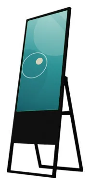 Black indoor advertising display on an A-frame easel stand, leaning back with a portrait screen
