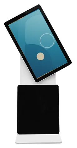 Indoor advertising display with a rotating screen head shown turned diagonally above a white pedestal base