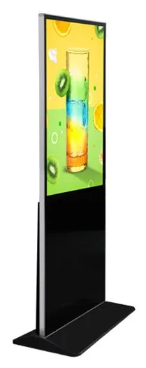 Slim black indoor freestanding advertising display with a portrait screen in a narrow frame, seen at an angle on a flat base