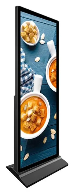 Full-screen digital poster with a tall edge-to-edge portrait display in a slim black frame on a flat base, seen at an angle