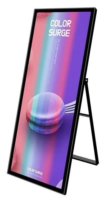 Full-screen digital poster on a folding easel-style rear leg, leaning back like a display board
