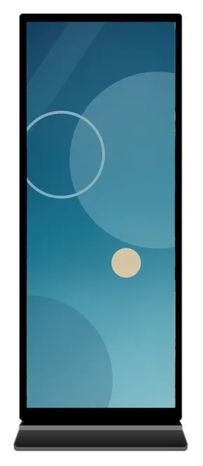 Full-screen digital poster seen from the front, with an edge-to-edge portrait display in a slim black frame on a flat base