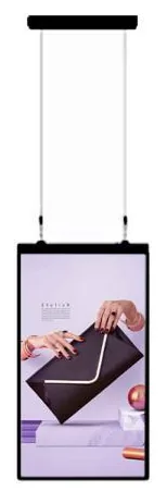 Slim portrait high-brightness window display hung from the ceiling on two steel cables with a top rail
