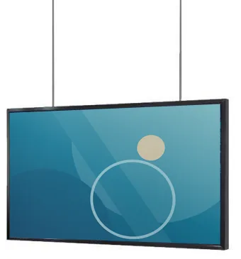 Landscape high-brightness window display in a slim black frame suspended from the ceiling on two rods