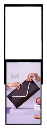 Portrait high-brightness window display with an empty upper frame section for a second panel or backlit poster