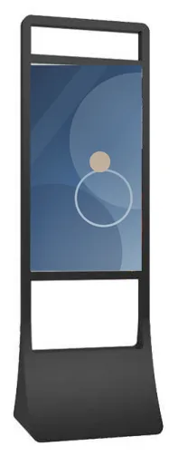 Black open-frame floor stand with a flared base holding a portrait window display in its centre section