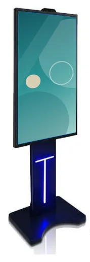 Black floor stand with an illuminated blue column and curved base carrying a portrait window display, seen at an angle