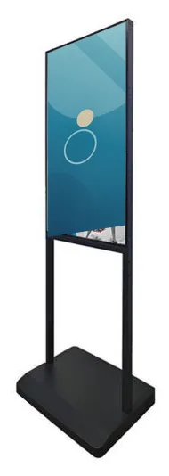 Black single-pole floor stand with a flat rectangular base carrying a portrait window display, seen at an angle