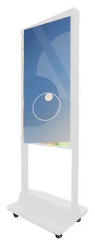 White floor stand on castors carrying a portrait window display in a white frame, seen at an angle