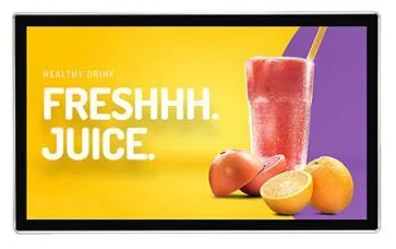 Landscape wall-mounted advertising display in a slim black frame seen from the front