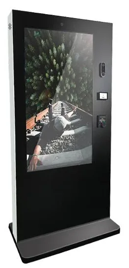 Outdoor advertising totem with a black front and white side seen at an angle, portrait screen above a payment terminal and scanner panel