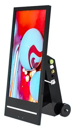Black battery-powered A-frame outdoor poster display on wheels with a portrait screen and rear support leg