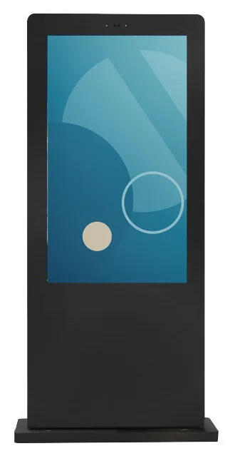 Black outdoor advertising totem seen from the front, with a portrait screen in a deep weatherproof enclosure over a plinth base
