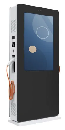 Black outdoor advertising totem with an integrated vehicle-charging point and cable on its side, portrait screen in a rounded enclosure
