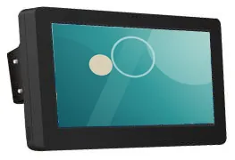 Black landscape outdoor wall-mounted display in a deep weatherproof housing with a rear wall bracket, seen at an angle