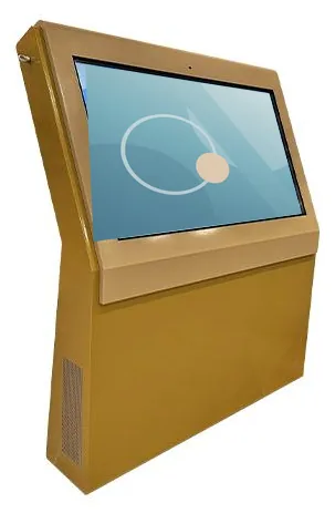 Tan outdoor lectern-style display with an angled landscape touchscreen set into a sloping top and ventilation grille in the base