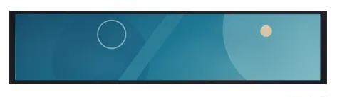 Ultra-wide stretched bar display in a slim black frame seen from the front, suited to shelf edges and overhead signage