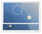 White dual-screen lift advertising unit with a landscape main display and a narrow secondary strip display beneath