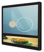 Black dual-screen lift advertising unit with a landscape main display and a secondary strip display, seen at a slight angle