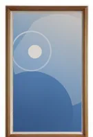 Wood-frame art display in a dark-wood finish with a light inner bevel, portrait format, seen from the front