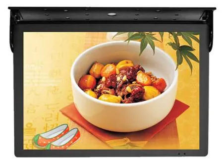 Black ceiling-mounted bus advertising display with a landscape screen in a hinged housing