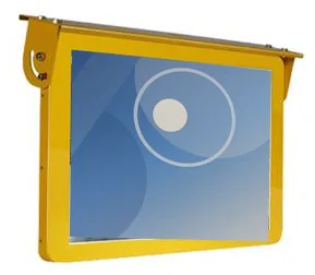 Yellow ceiling-mounted bus advertising display with a landscape screen in a hinged housing, seen at an angle