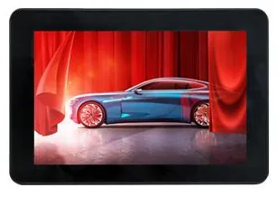Rounded black headrest-style in-vehicle advertising display with a landscape screen