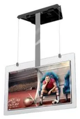 Double-sided landscape display panel hung from a ceiling bracket on a twin-rod mount, showing content on the visible face