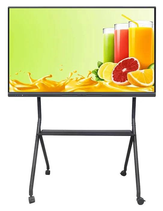 Interactive whiteboard in a slim black frame on a wheeled A-frame stand with a shelf between the legs
