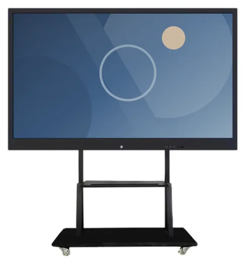 Large interactive whiteboard display in a slim black frame on a wheeled mobile stand with a lower shelf