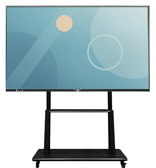 Interactive whiteboard in a slim black frame on a wheeled mobile stand with a lower tray shelf