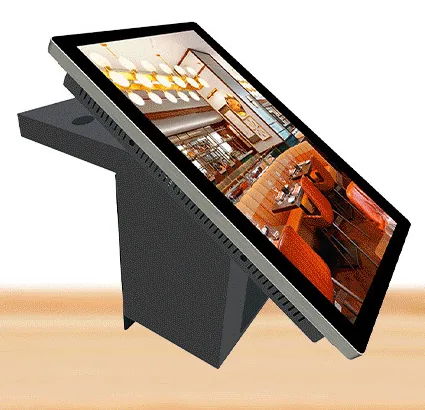 Black desktop ordering unit with a steeply angled widescreen touchscreen on a wedge-shaped base