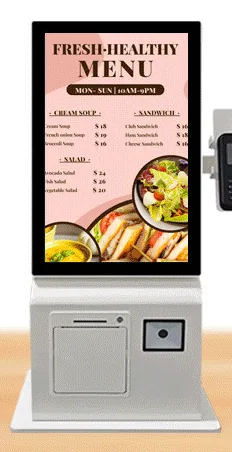 White compact countertop ordering kiosk with a portrait touchscreen above a printer and scanner base, card terminal bracket on the right