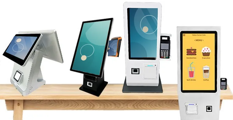 Four countertop and wall-mounted ordering units on a wooden shelf: a dual-screen terminal, two tilted-screen countertop kiosks with card terminals and a portrait wall unit