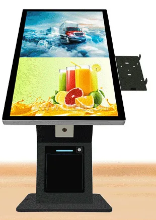 Black countertop ordering kiosk with a tilted landscape touchscreen on a printer column and a terminal bracket plate to the right
