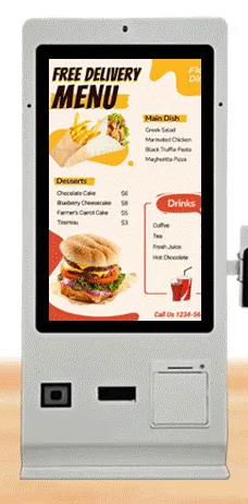 White and silver countertop ordering kiosk with a portrait touchscreen, side card terminal bracket, scanner window and printer slot low on the front