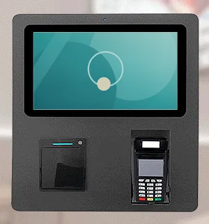 Black wall-mounted ordering kiosk with a landscape touchscreen in a squarish housing, printer slot and card terminal beneath