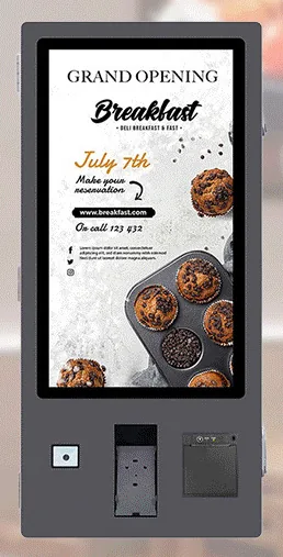 Black wall-mounted ordering kiosk with a portrait touchscreen and a scanner window, card terminal cradle and printer slot along the bottom