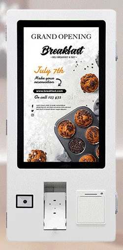 White wall-mounted ordering kiosk with a portrait touchscreen and a scanner window, card terminal cradle and printer slot along the bottom