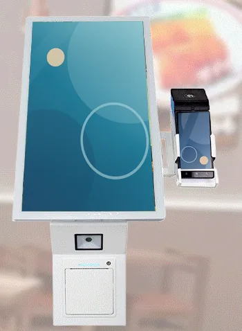 White wall-mounted ordering kiosk with a tilted portrait touchscreen, side card terminal bracket and a lower module with scanner and printer