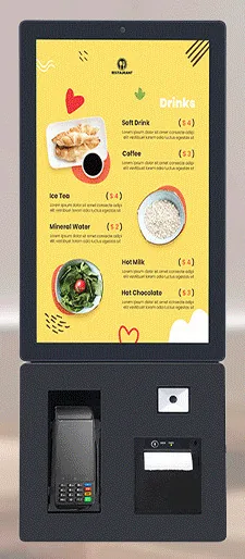 Black wall-mounted ordering kiosk with a portrait touchscreen above a separate lower module holding the card terminal, scanner and printer