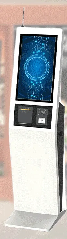 White curved-front freestanding ordering kiosk with a black side panel, portrait touchscreen, scanner and printer, and a small aerial on top
